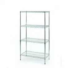 A four-shelf chrome wire shelving unit